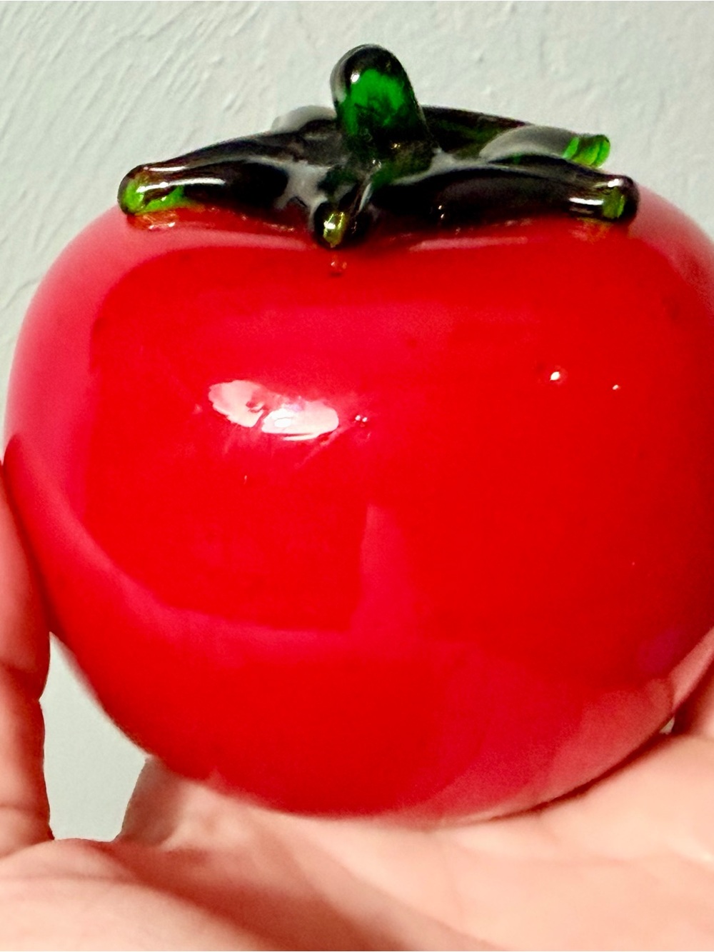 Mid Century Murano Style Glass Tomato Decorative with Green Stem Paperweight - Picture 8 of 11